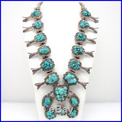 Vintage Navajo Sterling Silver & Turquoise Squash Blossom Naja Necklace G AAX