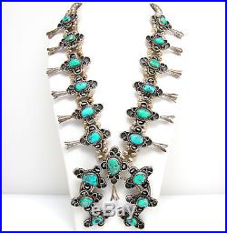 Vintage Navajo Sterling Silver Turquoise Squash Blossom Naja Necklace G MX