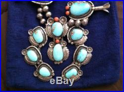 Vintage Navajo Sterling Silver & Turquoise Squash Blossom Necklace 455 grams