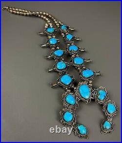 Vintage Navajo Sterling Silver Turquoise Squash Blossom Necklace GORGEOUS STONES