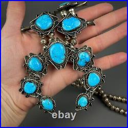 Vintage Navajo Sterling Silver Turquoise Squash Blossom Necklace GORGEOUS STONES