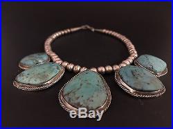 Vintage Navajo Sterling Silver Turquoise Squash Blossom Style Choker Necklace