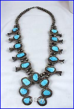 Vintage Navajo Sterling Silver Turquoise Stones Squash Blossom Necklace