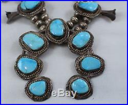 Vintage Navajo Sterling Silver Turquoise Stones Squash Blossom Necklace
