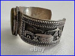 Vintage Navajo Sterling Silver & Turquoise Storyteller Cuff Bracelet Gene Natan