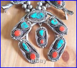 Vintage Navajo Sterling Silver Turquoise and Coral Squash Blossom Necklace Vintage Navajo Sterling Silver Turquoise and Coral Squash Blossom Necklace