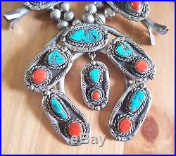 Vintage Navajo Sterling Silver Turquoise and Coral Squash Blossom Necklace