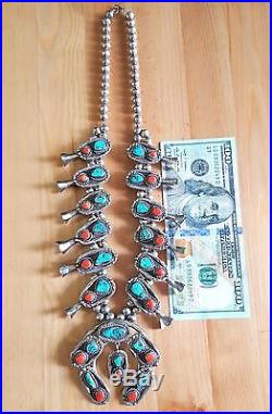 Vintage Navajo Sterling Silver Turquoise and Coral Squash Blossom Necklace Vintage Navajo Sterling Silver Turquoise and Coral Squash Blossom Necklace