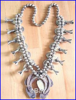 Vintage Navajo Sterling Silver Turquoise and Coral Squash Blossom Necklace