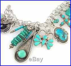 Vintage Navajo Zuni Loaded Sterling Silver Turquoise Handmade Charm Bracelet J