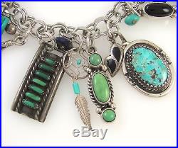 Vintage Navajo Zuni Loaded Sterling Silver Turquoise Handmade Charm Bracelet J