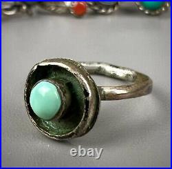 Vintage Navajo Zuni Sterling Silver Turquoise & Coral Midi Ring Lot Of 6