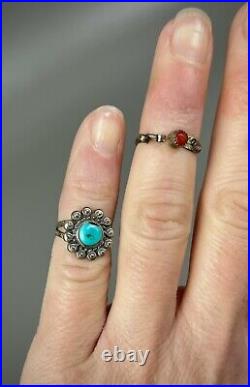 Vintage Navajo Zuni Sterling Silver Turquoise & Coral Midi Ring Lot Of 6
