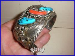 Vintage Navajo large sterling silver turquoise coral men`s bracelet M Thomas jr