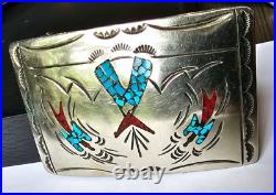 Vintage Navajo signed WN, Sterling Silver Turquoise Coral Inlay Belt Buckle