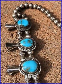 Vintage Old Navajo Sterling Silver Bisbee Turquoise Squash Blossom Necklace 24