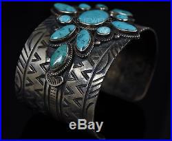 Vintage Old Pawn Navajo Cluster Turquoise Wide Sterling Silver Stamped Bracelet