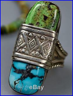 Vintage Old Pawn Navajo Double Turquoise & Turquoise Sterling Silver Ring Sz 8