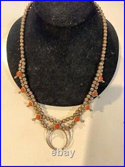 Vintage Old Pawn Navajo Sterling Old Coral Squash Blossom Necklace