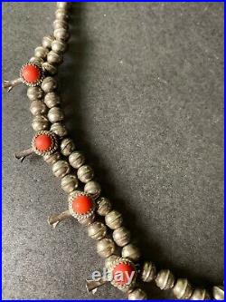 Vintage Old Pawn Navajo Sterling Old Coral Squash Blossom Necklace