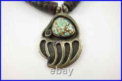 Vintage Old Pawn Navajo Sterling Silver & Turquoise Pendant Necklace Heishi