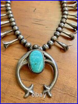 Vintage Old Pawn Navajo Sterling Silver & Turquoise SQUASH BLOSSOM Necklace