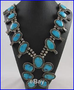 Vintage Old Pawn Sterling Silver Navajo Blue Turquoise Squash Blossom Necklace