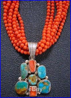 Vintage Old Pawn Sterling Silver Turquoise Cluster Pendant 7 Str CORAL NECKLACE