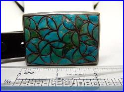 Vintage Old Pawn Sterling Silver Turquoise Inlay Belt Buckle and Bolo Tie Set