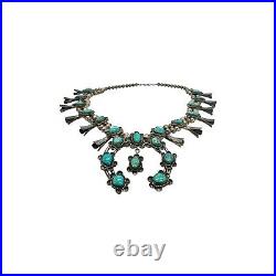 Vintage Old Pawn Sterling Silver & Turquoise Squash Blossom Necklace