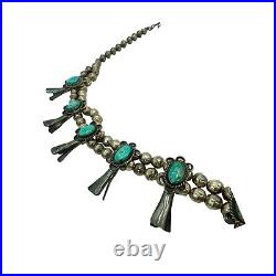 Vintage Old Pawn Sterling Silver & Turquoise Squash Blossom Necklace