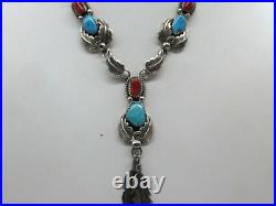 Vintage Richard Wylie Navajo Sterling Silver Turquoise & Coral Necklace 18 #45