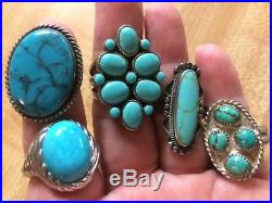 Vintage Ring Lot 5 Sterling Silver Turquoise Rings All Marked 51 Grams 925