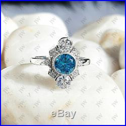 Vintage Round Aquamarine Art Deco Antique Engagement Ring 925 Sterling Silver