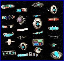 Vintage STERLING SILVER Native OLD PAWN Navajo Zuni TURQUOISE Rings Lot Of 24pcs