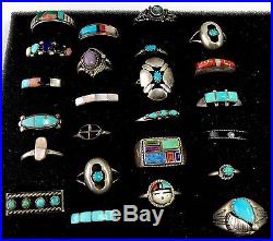 Vintage STERLING SILVER Native OLD PAWN Navajo Zuni TURQUOISE Rings Lot Of 24pcs