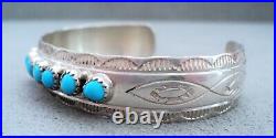 Vintage Signed NAVAJO 7 Turquoise & STERLING Silver Stamped CUFF BRACELET Yazzie