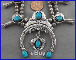 Vintage, Signed, Navajo Sterling Silver & Turquoise Squash Blossom Necklace