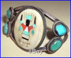 Vintage Signed Sterling Silver Inlay Carinated Kachina Turquoise Bracelet