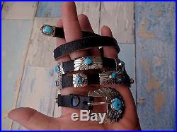 Vintage Signed Sterling Silver and Turquoise Leather Concho Belt