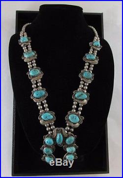 Vintage Signed Turquoise Horseshoe Sterling Silver/Squash Blossom Necklace