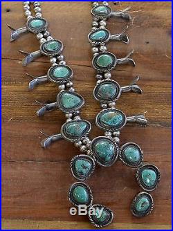 Vintage Southwest Sterling Silver And Turquoise Squash Blossom Necklace
