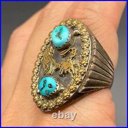 Vintage Southwestern Cowboy Turquoise Sterling Silver Ring Size 9.75