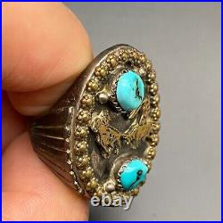 Vintage Southwestern Cowboy Turquoise Sterling Silver Ring Size 9.75