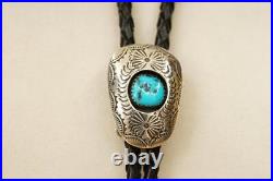 Vintage Southwestern Jewelry Sterling Silver & Turquoise Black Leather BOLO Tie