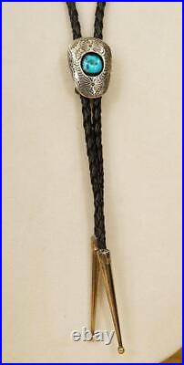 Vintage Southwestern Jewelry Sterling Silver & Turquoise Black Leather BOLO Tie