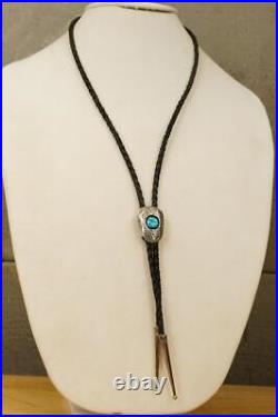 Vintage Southwestern Jewelry Sterling Silver & Turquoise Black Leather BOLO Tie