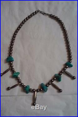 Vintage Southwestern Squash Blossom Necklace Sterling Silver Blue Turquoise Set+