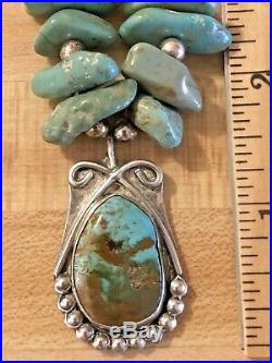Vintage Southwestern Sterling Silver Natural Turquoise Pendant Necklace 925