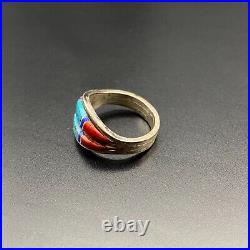 Vintage Southwestern Teme Turquoise Lapis Sterling Silver Ring Size 8